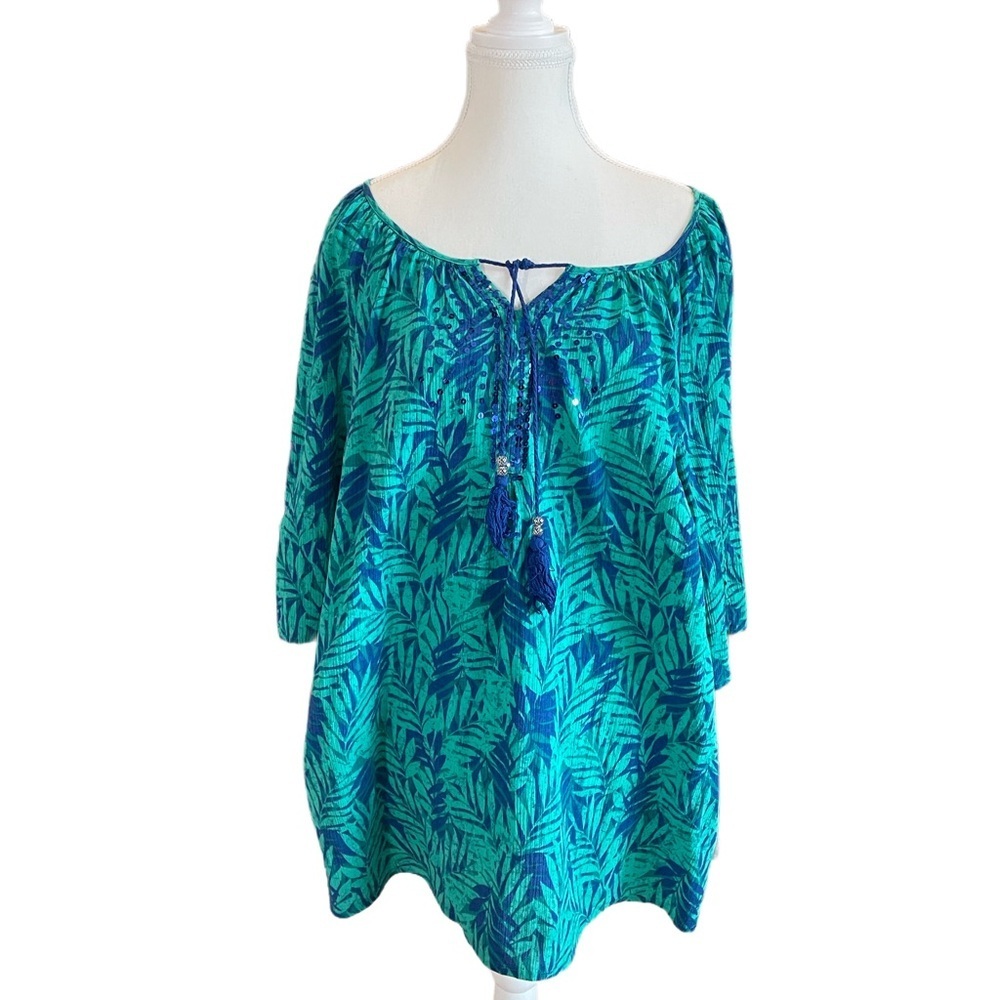 Catherine's Tropical Floral‎ W/Sequins V Neckline Tassel Crepe Blouse Top 1XWP